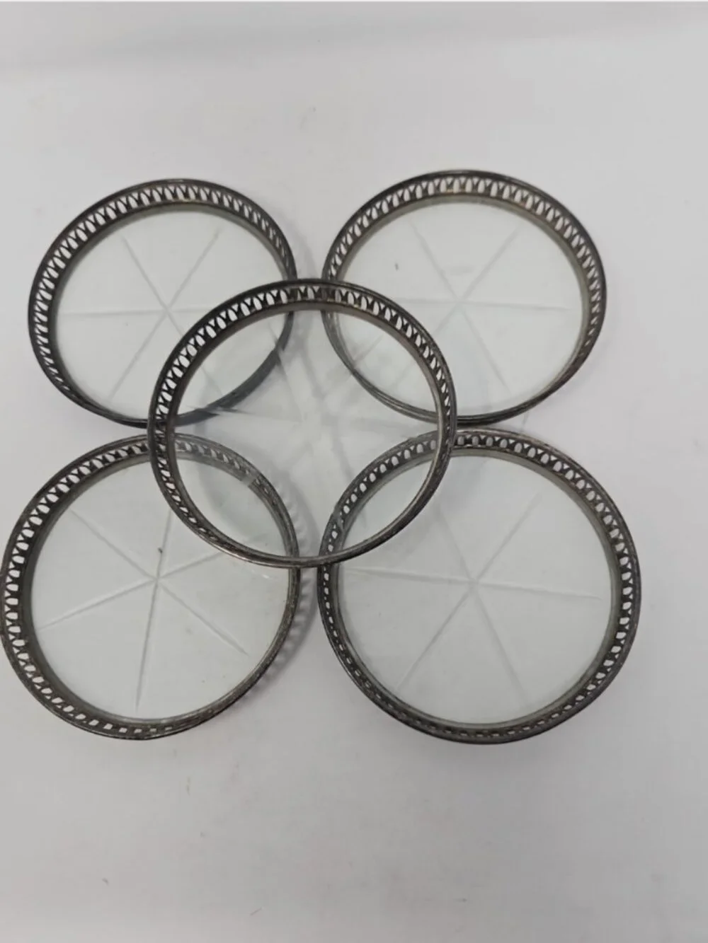 Set 5 Vintage Reticulated Sterling Silver Cut Crystal Glass Drinks Coasters Bar